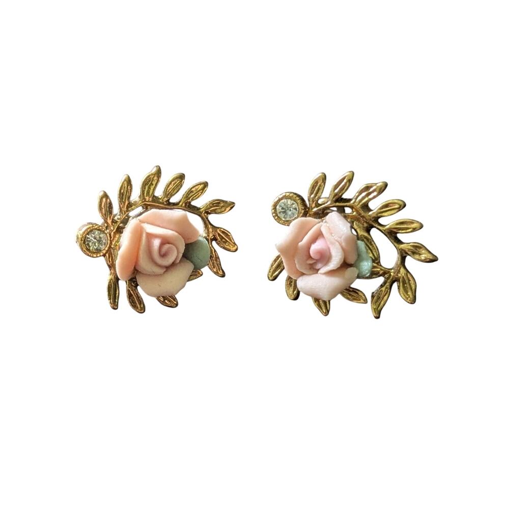 Vintage Ceramic Pink Rose Pierced Earrings